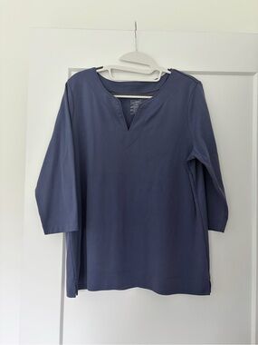 L.L. Bean Women's Supima Cotton Slate Blue Split V-Neck Tunic Top Large Petite